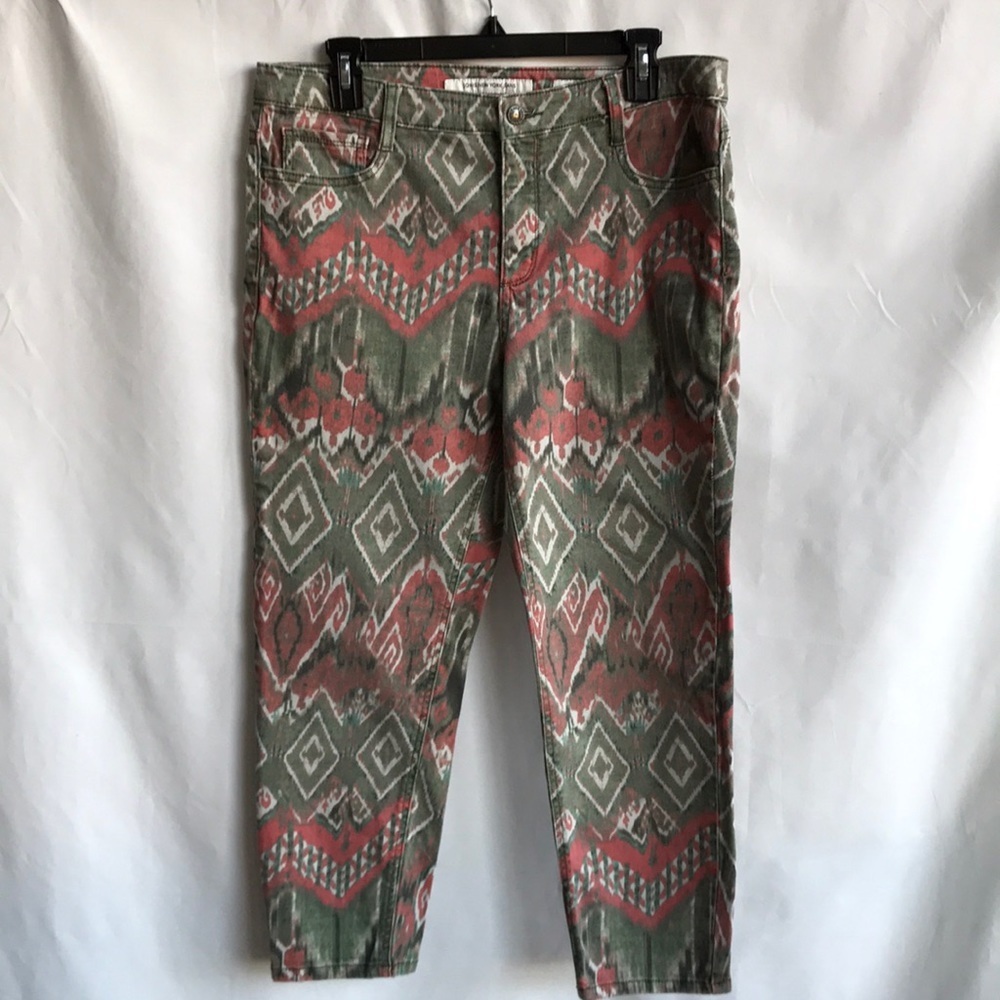 Jones New York Jeans Soho ankle green / rust tribal print pants, size 14P